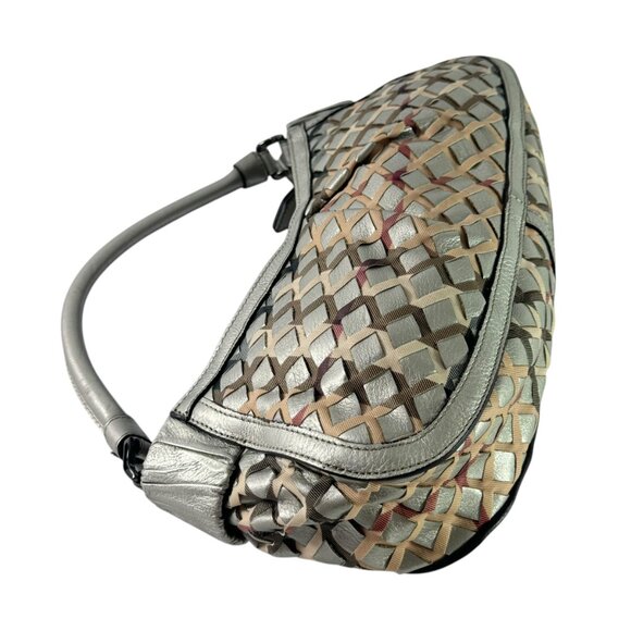 BURBERRY Silver Woven Leather and Nova Check Canvas Shoulder Bag Made in Italy - Picture 12 of 13